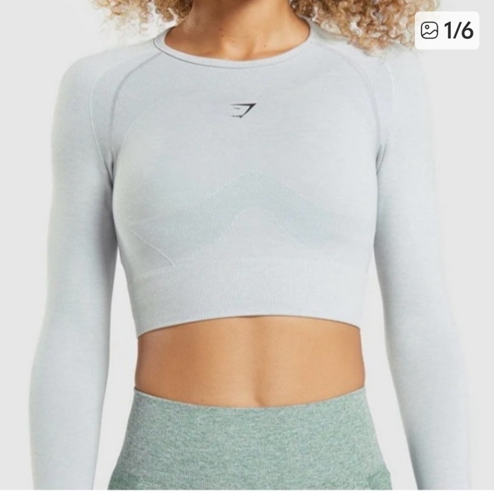 Gymshark FLEX SPORTS LONG SLEEVE CROP TOP Small Light Grey Marl